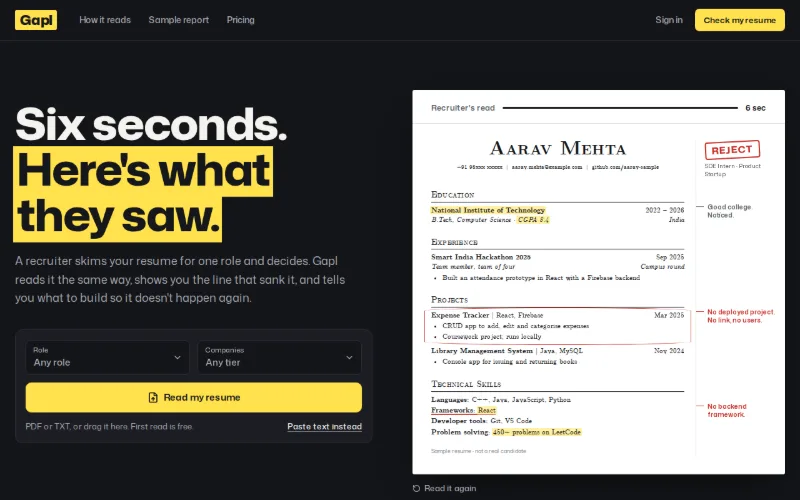 Gapl: a recruiter's screen of a résumé with ATS fit and gap analysis