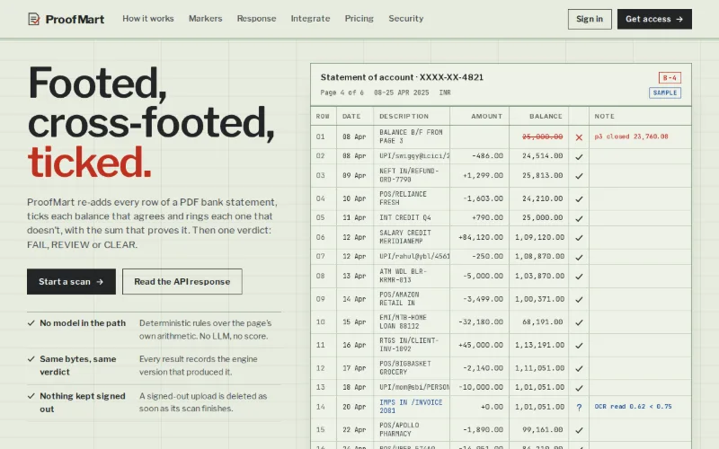 ProofMart report: annotated bank statement with verification ticks