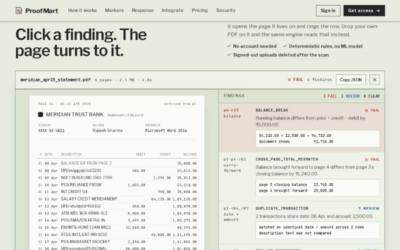 ProofMart finding detail, pinned to the page with its arithmetic